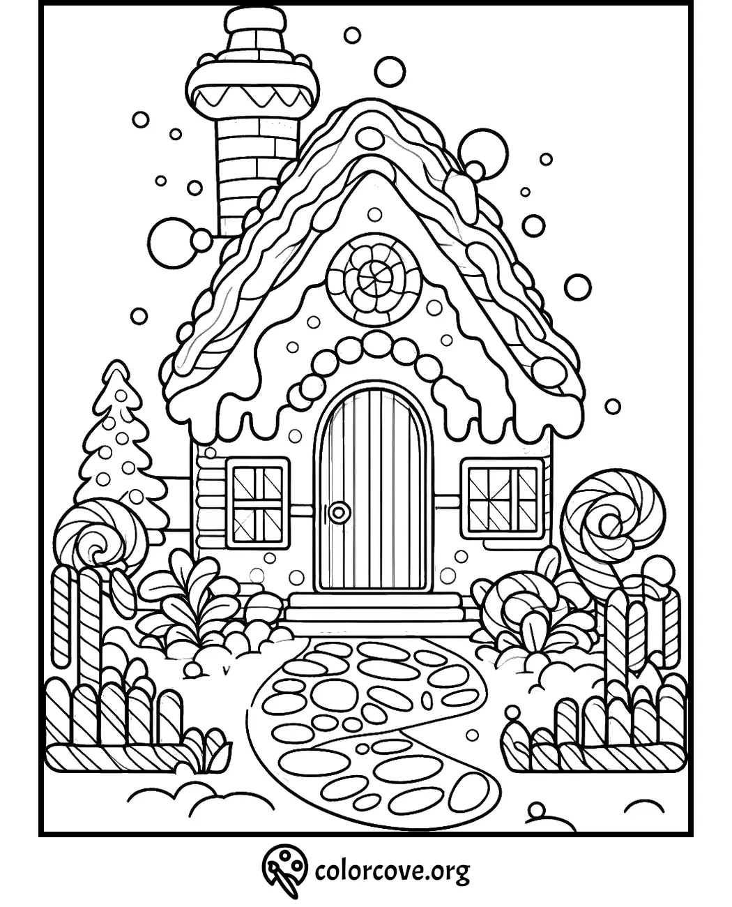 Gingerbread house coloring page with candy decorations and snowy roof, perfect for holiday crafts and coloring fun.