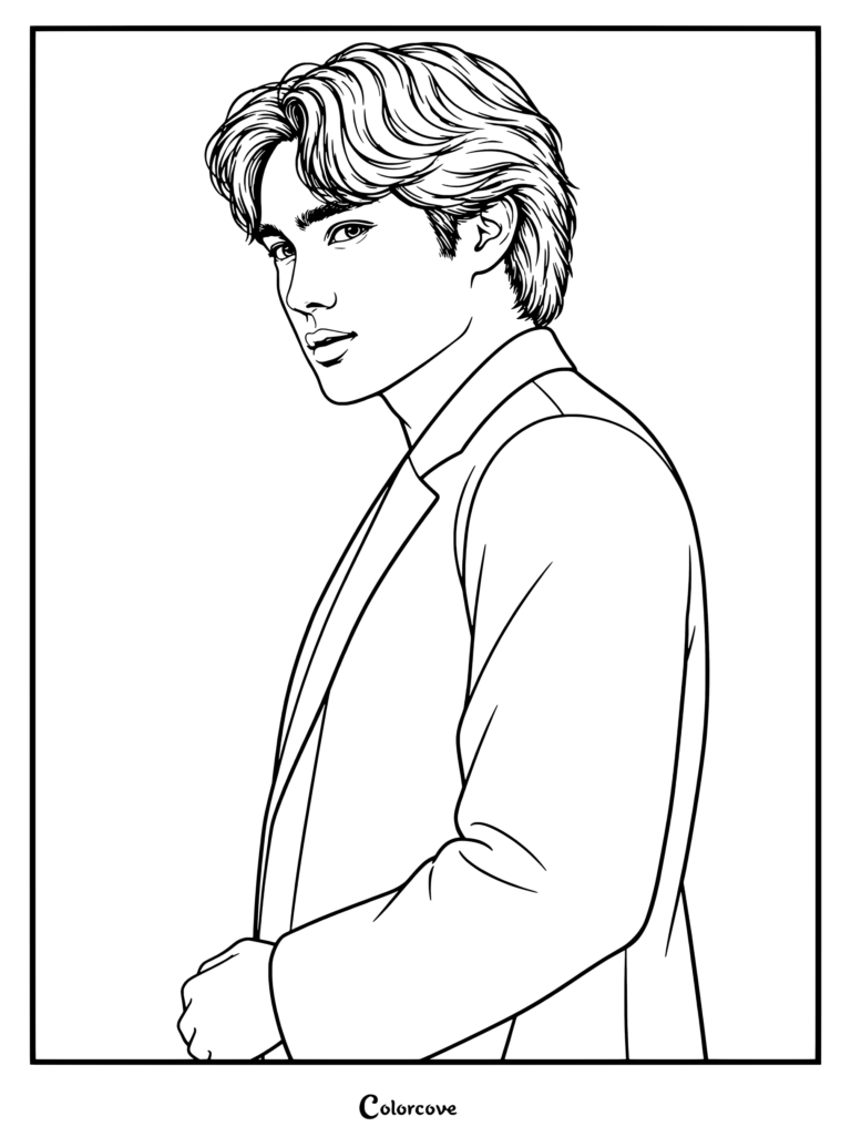 Dibujo para colorear de Coven Academy con Brendon Tremblay como Alexander luciendo un peinado detallado y una elegante chaqueta.
