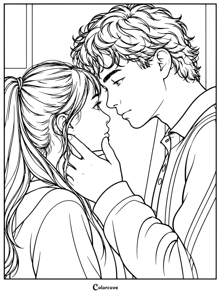 Dibujo para colorear de Coven Academy con los personajes Jake y Briar compartiendo un momento a punto de besarse.