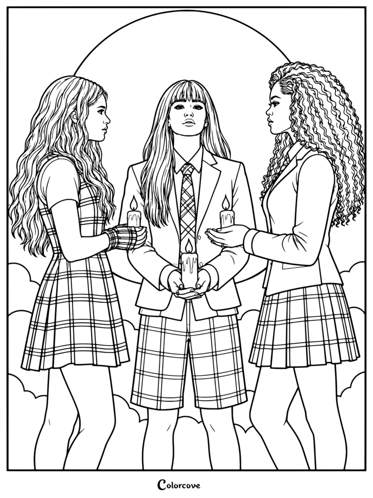 Dibujo para colorear de Coven Academy con el arte del póster promocional de la serie dramática juvenil sobrenatural, con los 3 personajes principales sosteniendo velas.