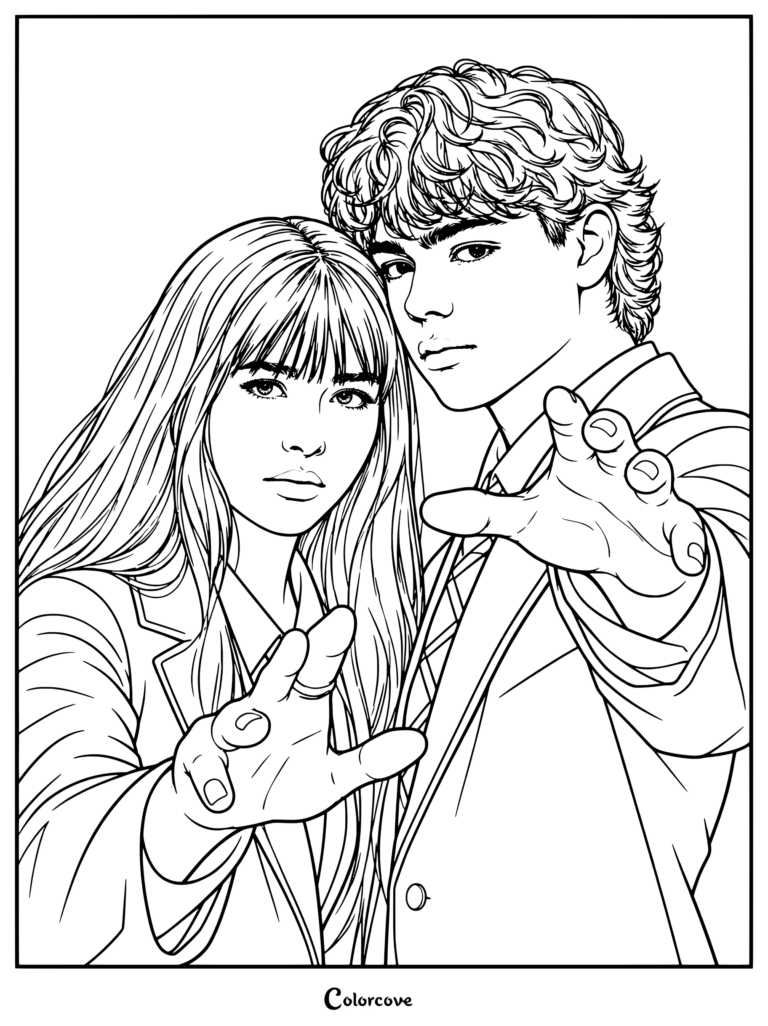 Dibujo para colorear de Coven Academy con los actores protagonistas Malina Pauli Weissman como Briar y Malachi Barton como Jake lanzando hechizos.