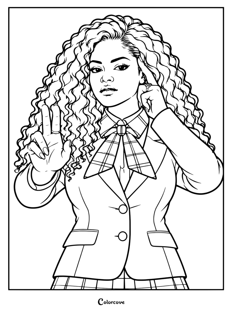 Dibujo para colorear de Coven Academy con Jordan Leftwich como Sasha haciendo el signo de la paz.