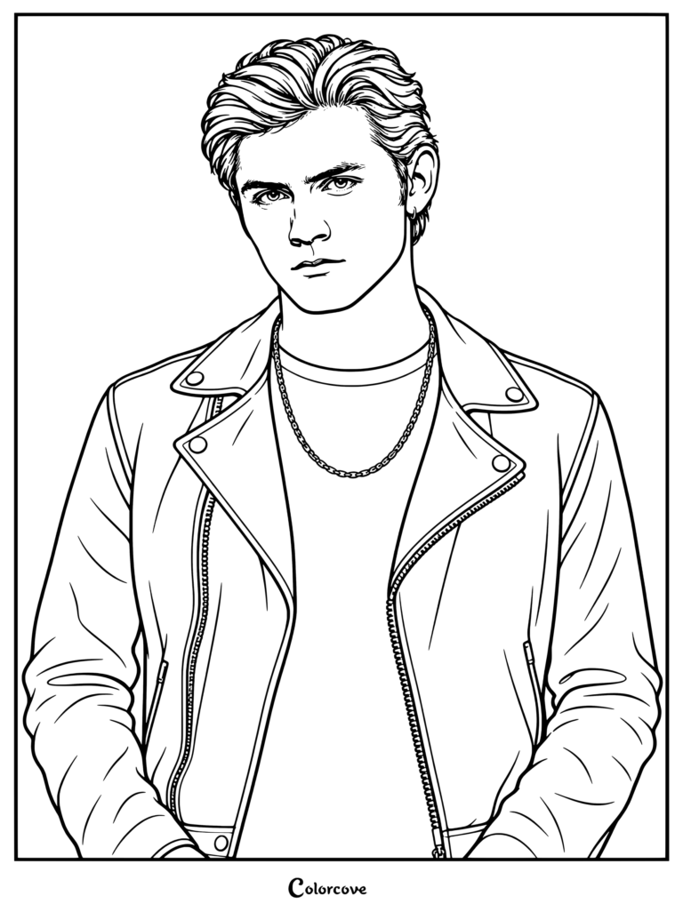 Dibujo para colorear de Coven Academy con Louis Thresher como Ollie luciendo una chaqueta de cuero y un collar de cadena.