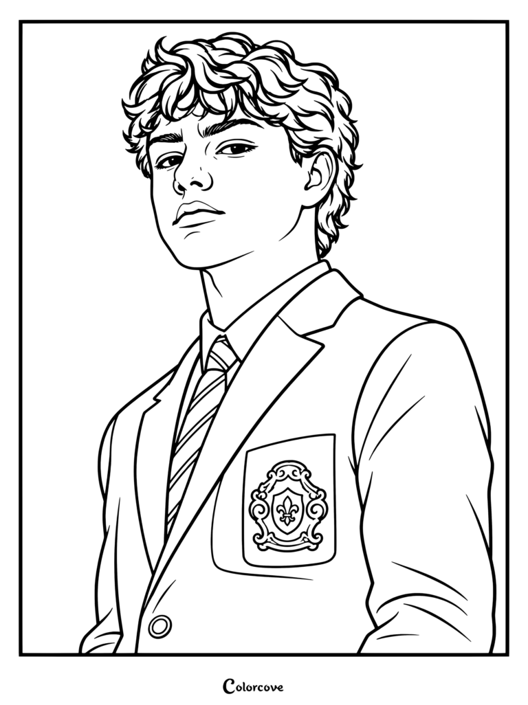 Dibujo para colorear de Coven Academy con Malachi Barton como Jake vistiendo un blazer escolar con escudo.
