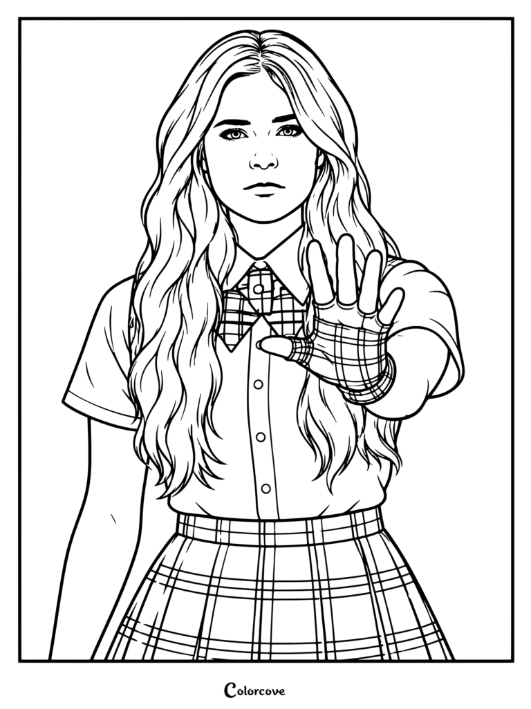 Lámina imprimible para colorear de Ora Duplass como Tegan de Coven Academy, mostrada extendiendo su mano en un gesto de alto.