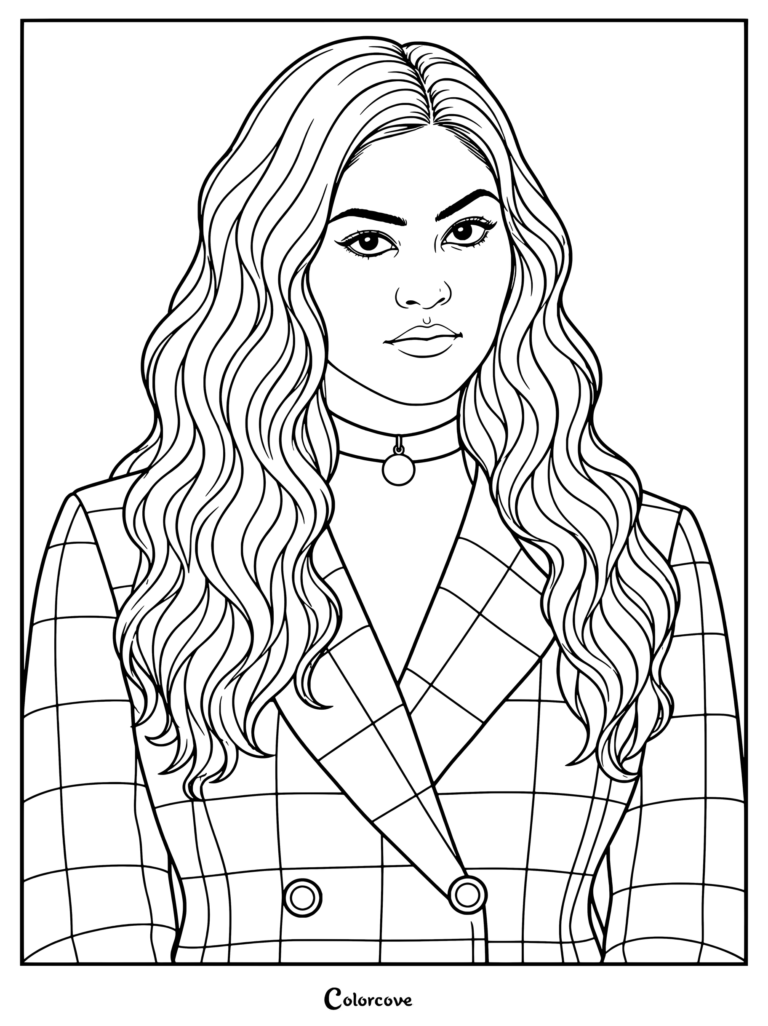 Swayam Bhatia como McKenna vistiendo un blazer a cuadros y una gargantilla en un dibujo para colorear de Coven Academy.