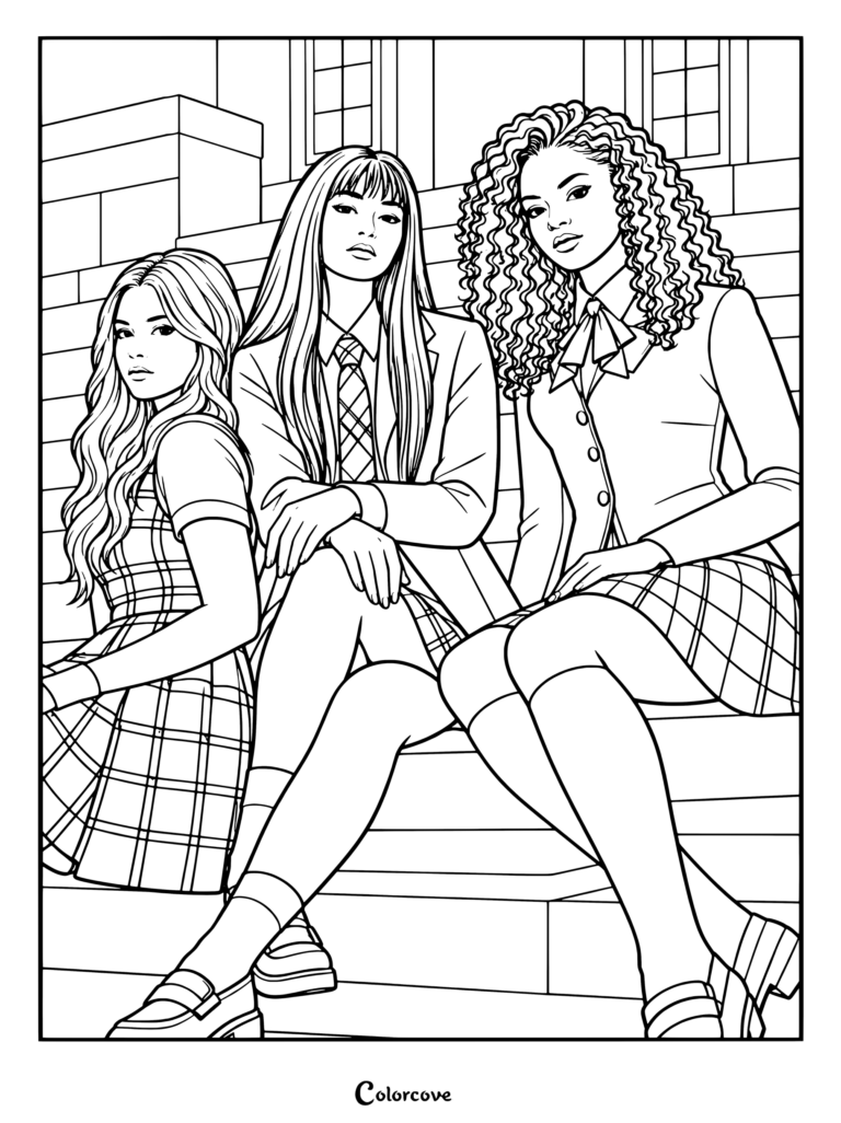 Dibujo para colorear de Coven Academy con Tegan a la izquierda, Briar en el centro y Sasha a la derecha posando en unas escaleras de piedra.