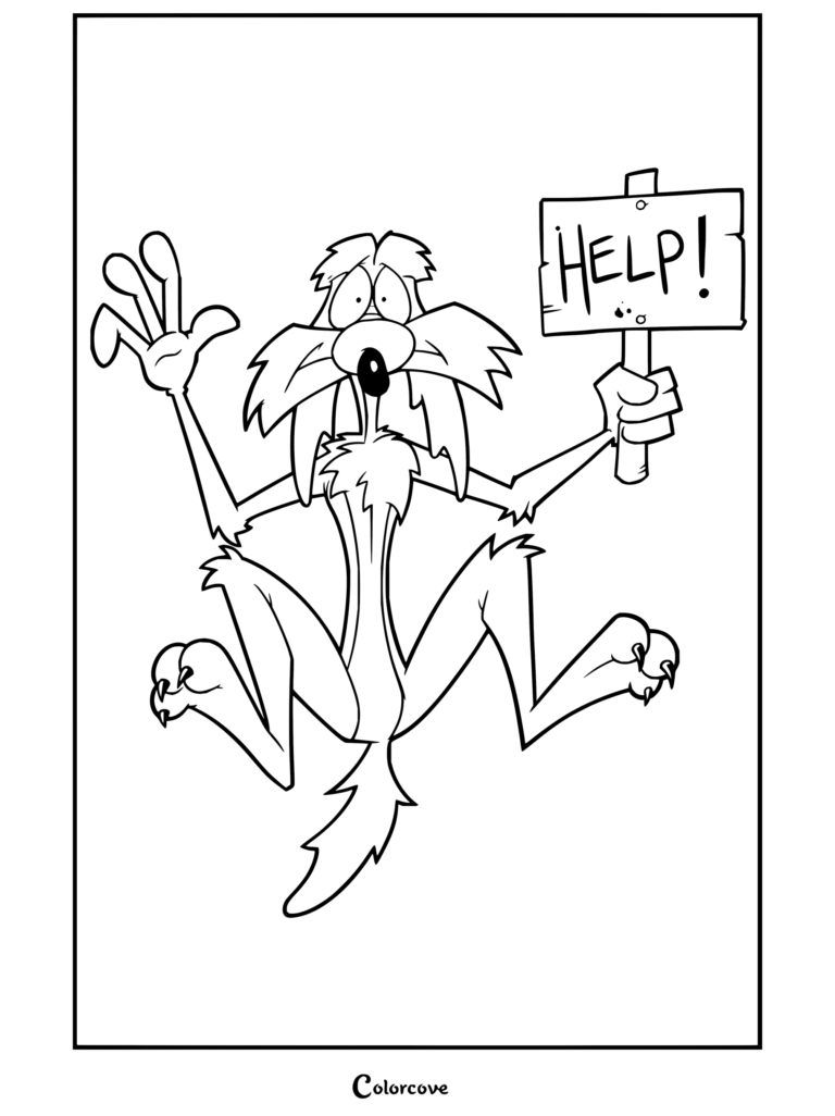 Dibujo para colorear para niños de Coyote sosteniendo un cartel de ayuda.