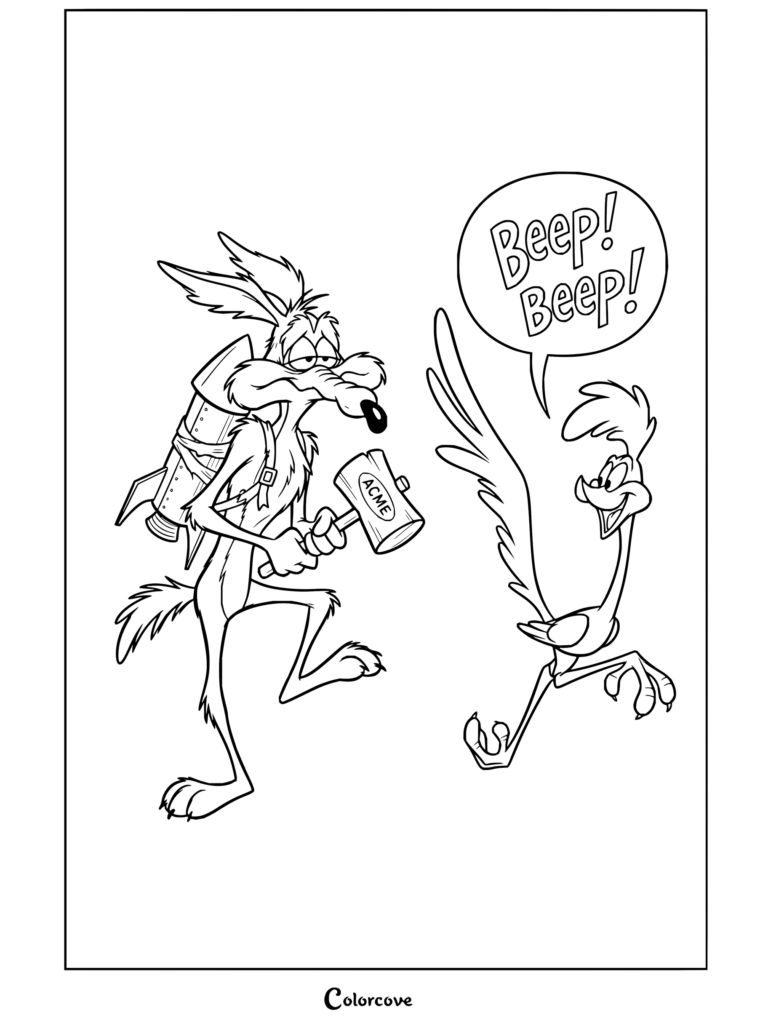 Dibujo para colorear de Coyote y El Correcaminos corriendo por el desierto con un cohete y un martillo ACME.