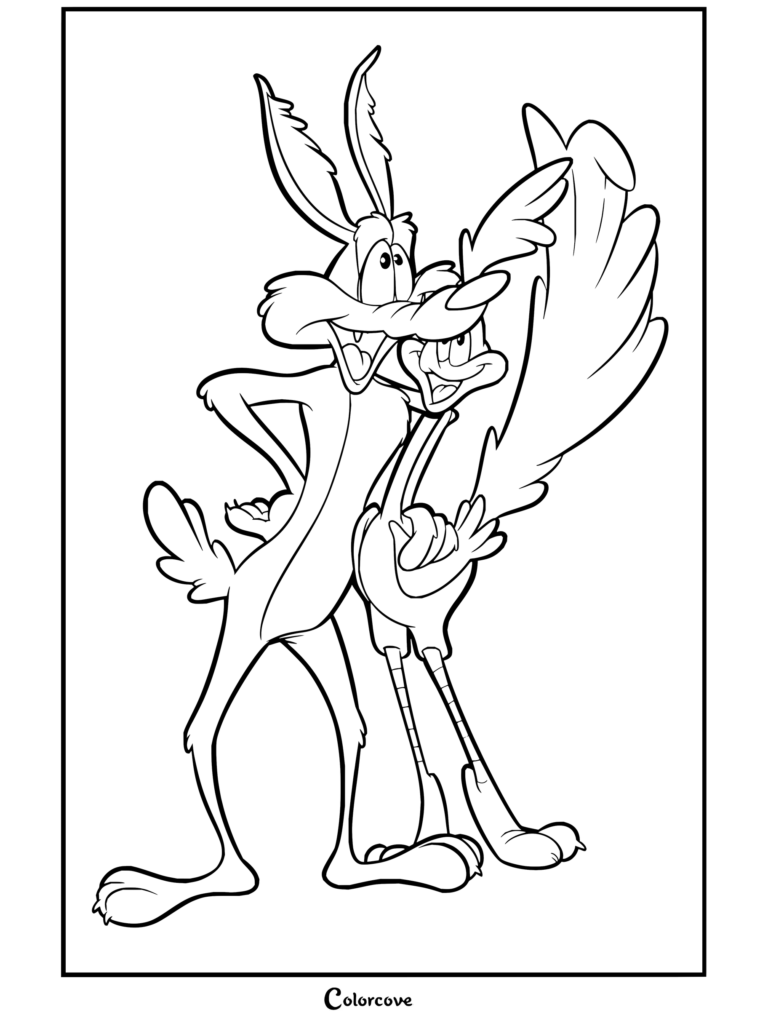 Dibujo para colorear de Coyote y El Correcaminos sonriendo juntos con los clásicos rivales de dibujos animados.