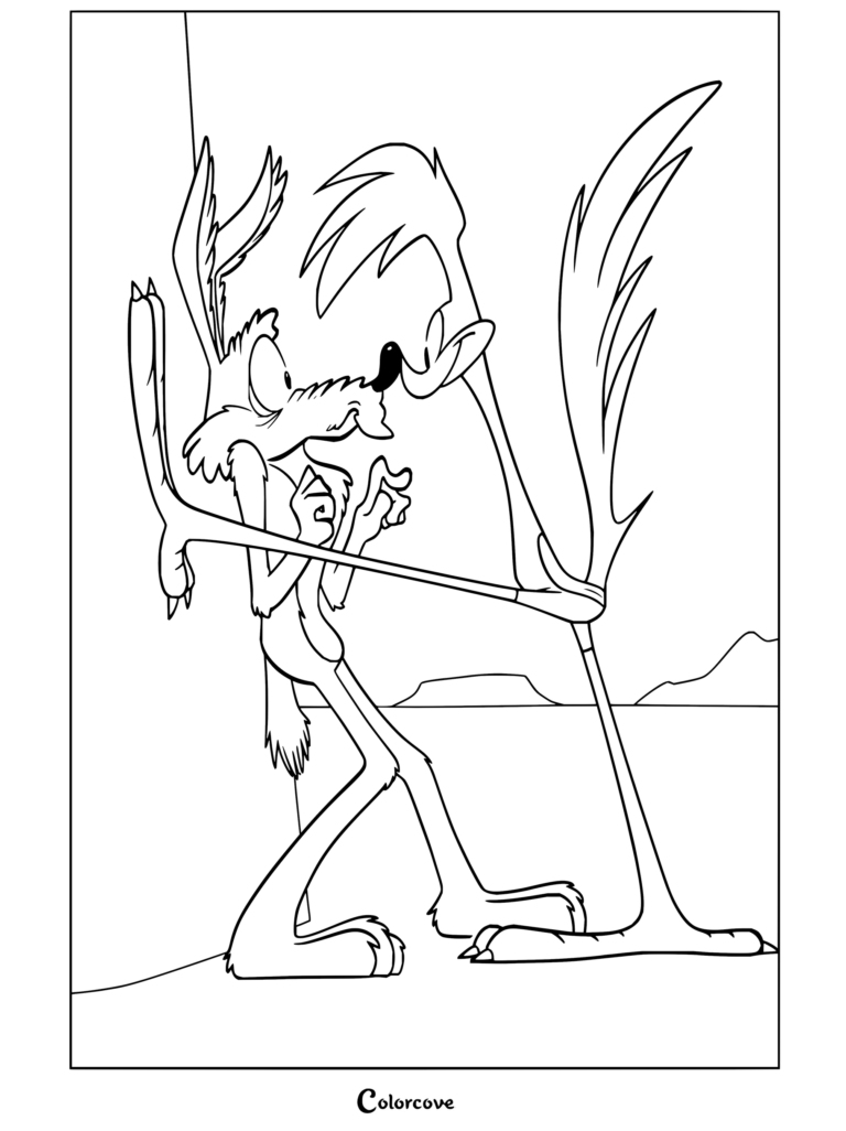 Un dibujo para colorear imprimible de Coyote y El Correcaminos desafiándose con la mirada frente a la pared de un cañón.