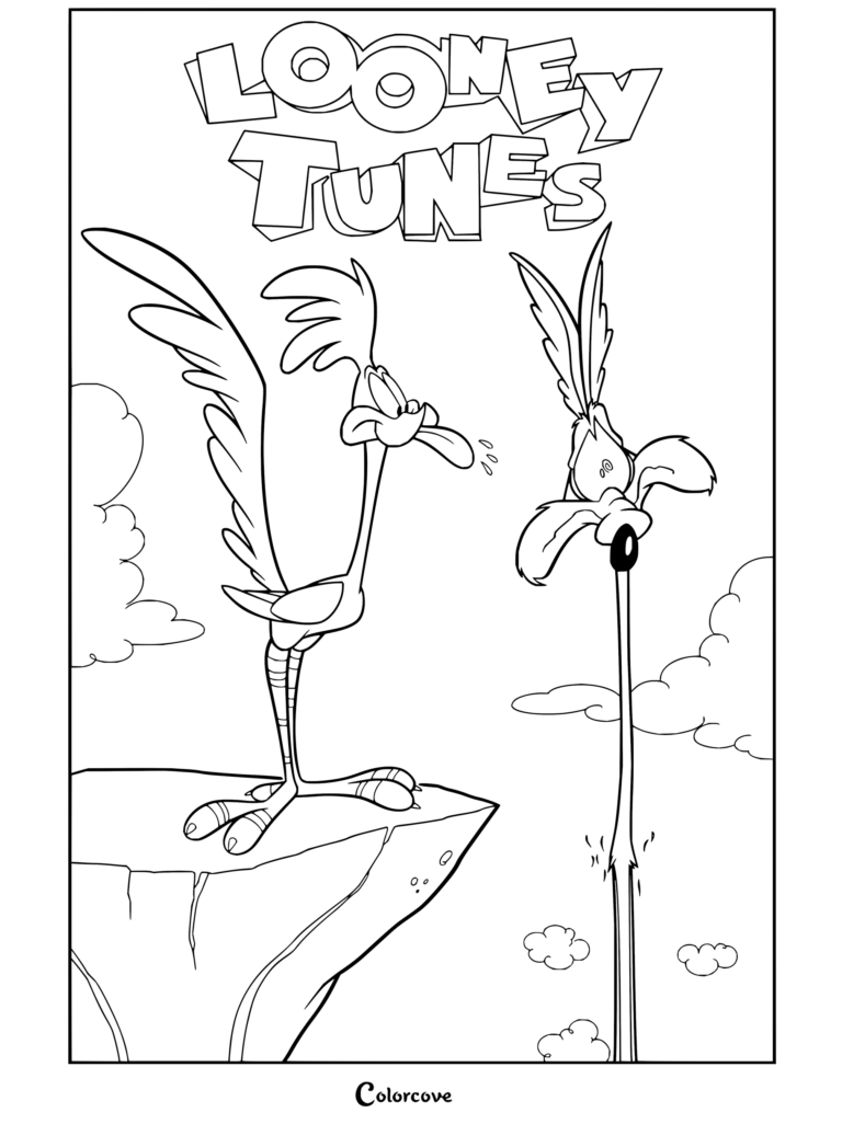 Dibujo para colorear de portada de cómic de Looney Tunes con Coyote y El Correcaminos estirando el cuello en un acantilado.