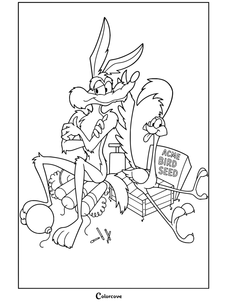 Dibujo para colorear imprimible gratuito de Coyote y El Correcaminos sentados entre dinamita ACME y alpiste.