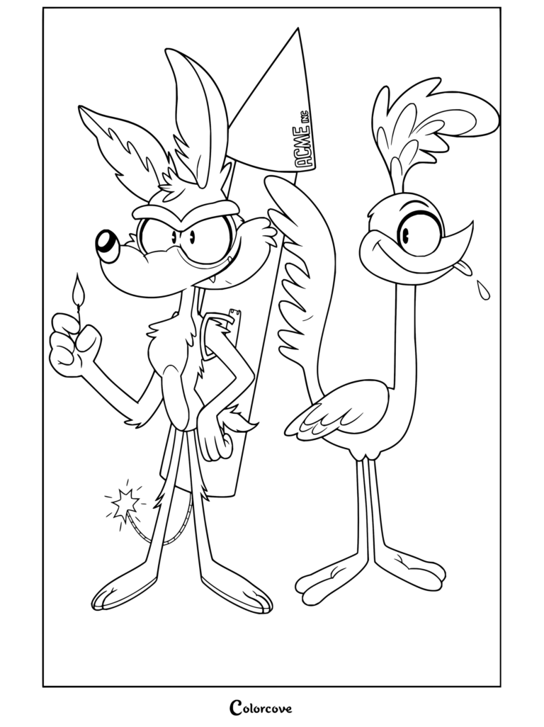 Dibujo para colorear imprimible de Coyote y El Correcaminos con Coyote sosteniendo un fósforo y un cohete ACME mientras El Correcaminos saca la lengua.