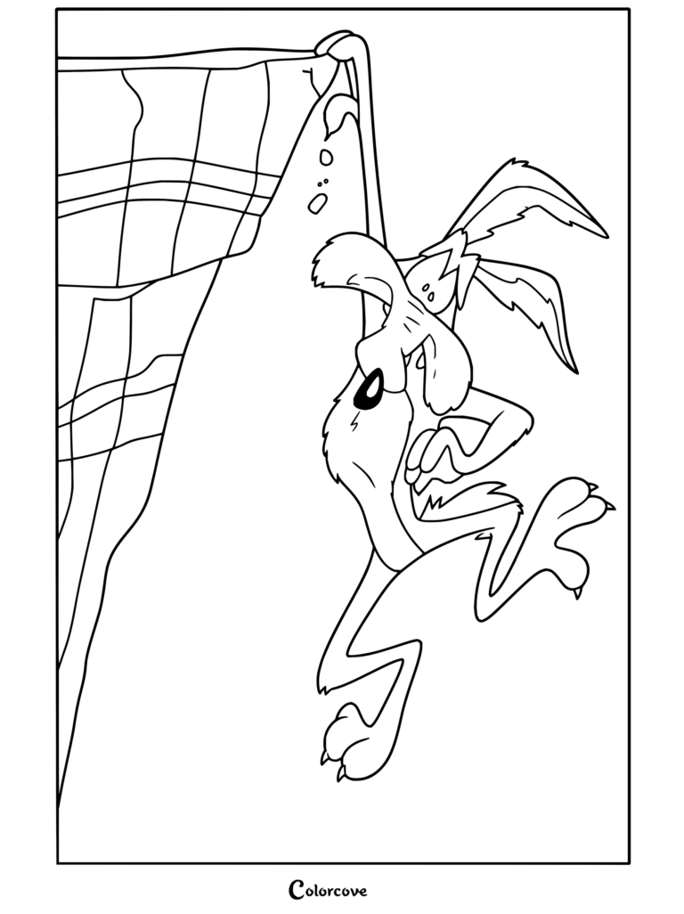 Dibujo para colorear imprimible de Coyote colgando del borde de un acantilado con rocas que caen.