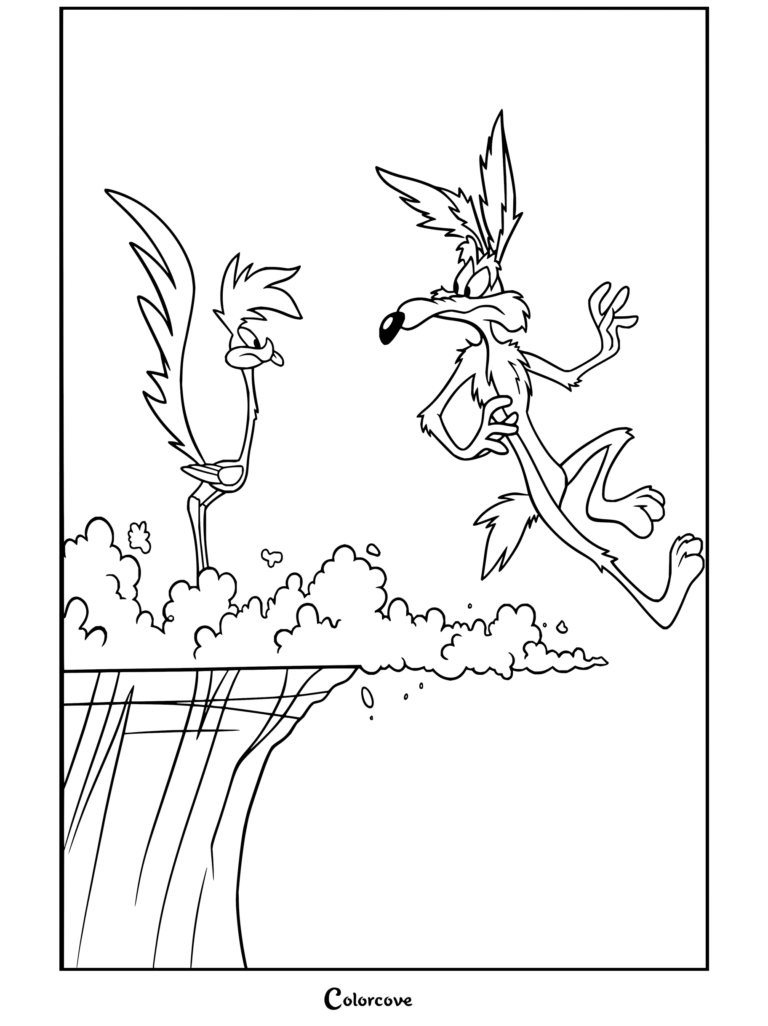 Dibujo para colorear imprimible de Coyote cayendo por un acantilado mientras El Correcaminos observa.