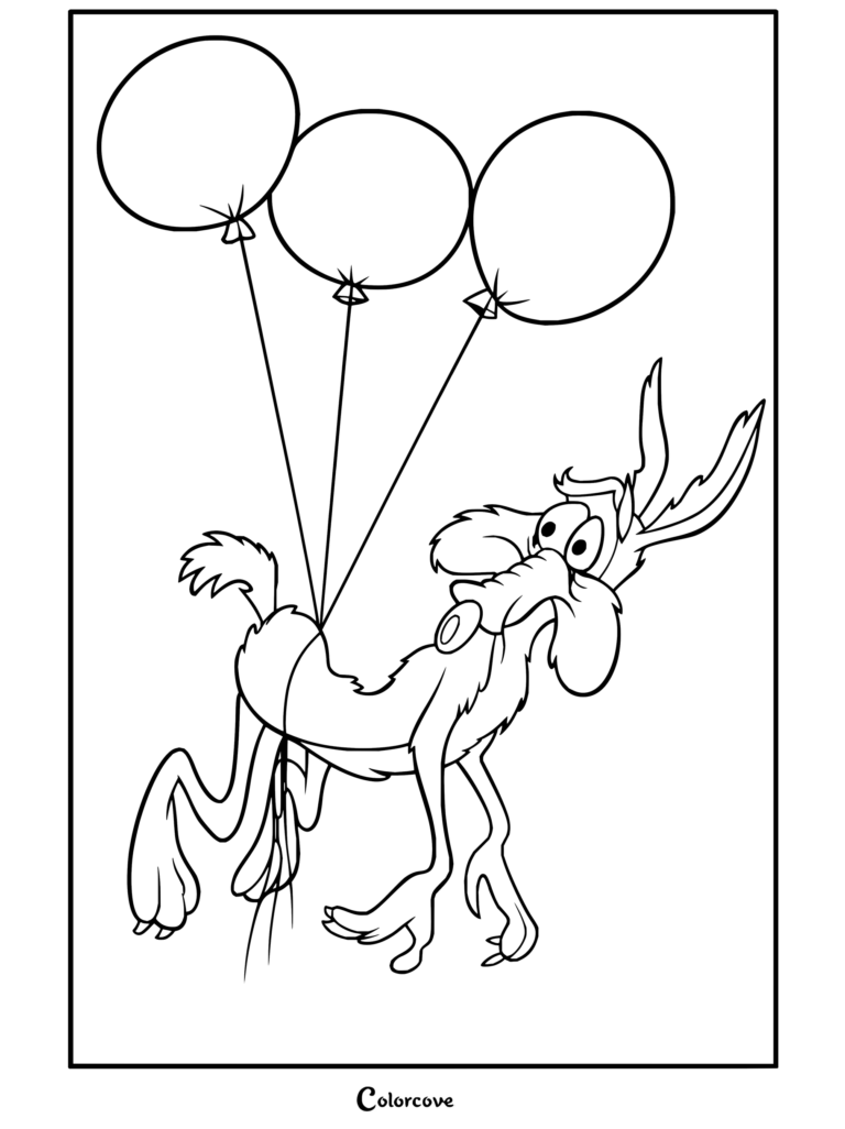 Dibujo para colorear imprimible de Coyote flotando en el aire mientras se sujeta a tres globos de colores.
