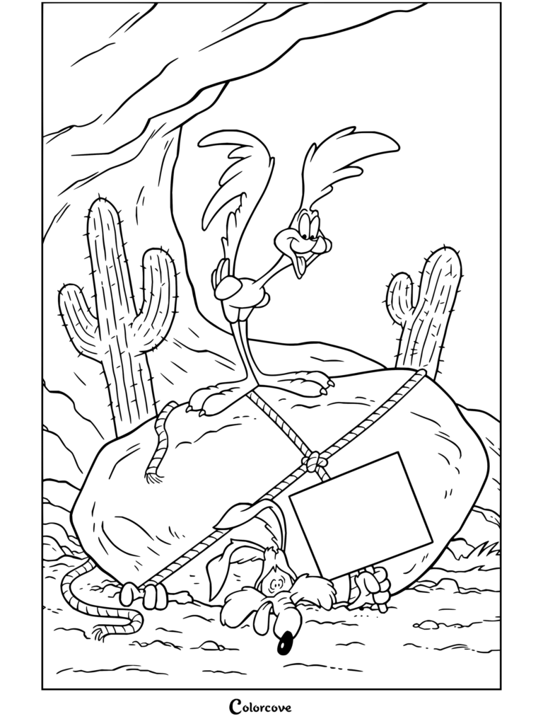 Dibujo para colorear en una escena del desierto con El Correcaminos sobre una roca atada que aplasta a Coyote.