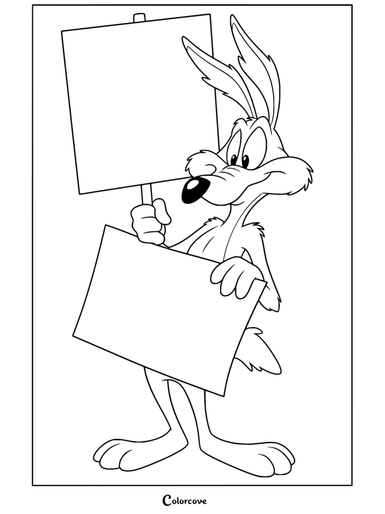 Dibujo para colorear de Coyote sosteniendo carteles en blanco, blancos y amarillos.
