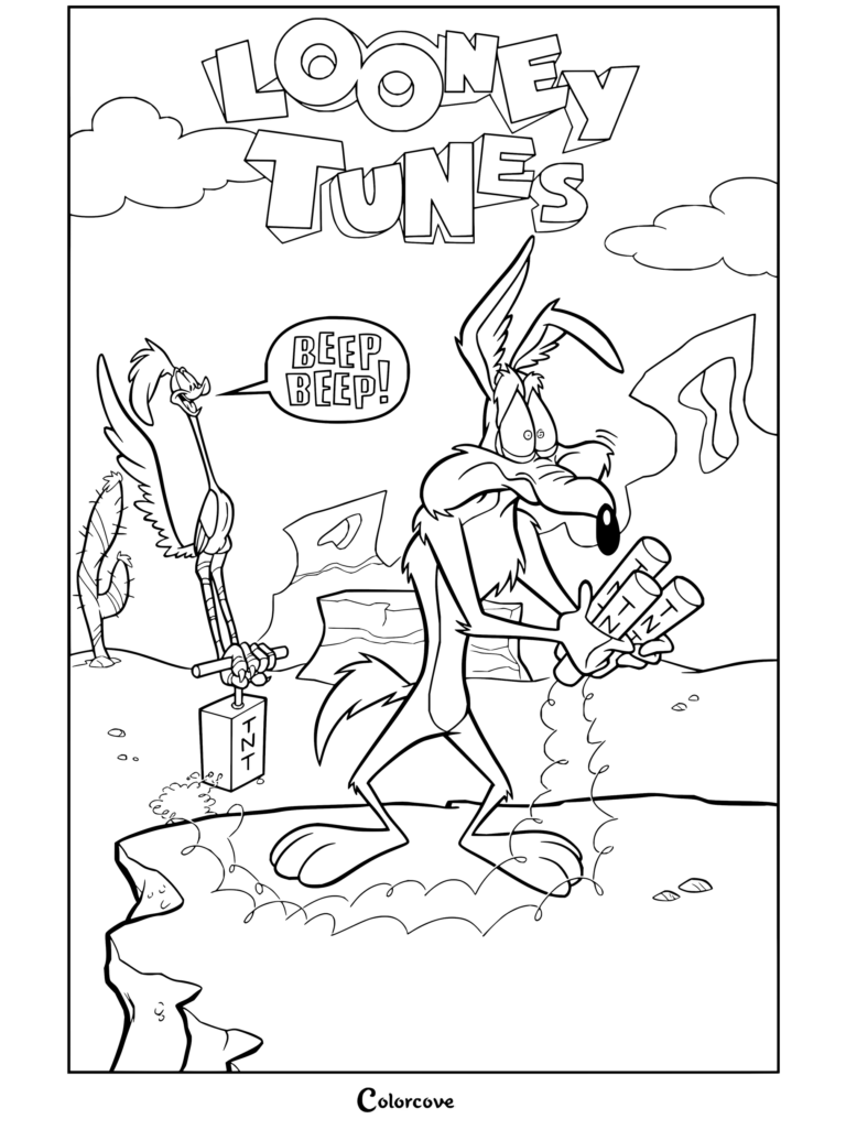 Dibujo para colorear gratuito de Coyote sosteniendo dinamita mientras El Correcaminos se prepara para detonarla.