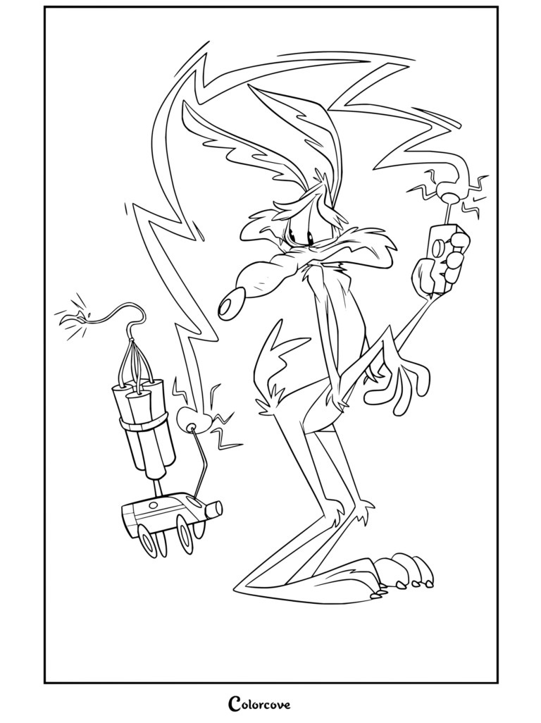 Dibujo para colorear imprimible de Coyote sosteniendo un control remoto con dinamita atada a un coche teledirigido.