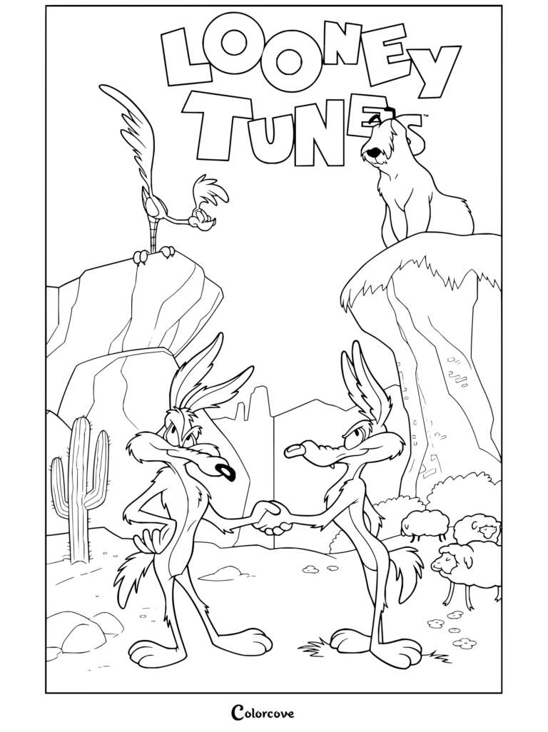 Dibujo para colorear imprimible de Coyote de Looney Tunes cerrando un trato y dándole la mano a otro coyote.