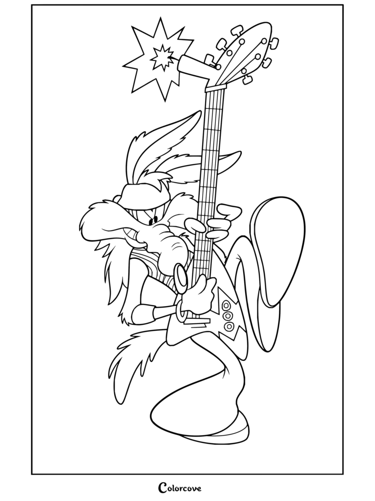 Dibujo para colorear imprimible de Coyote tocando una guitarra eléctrica ACME con clavijero de dinamita mientras viste un atuendo rockero.