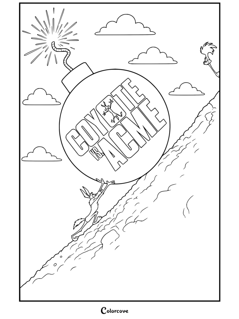 Dibujo para colorear imprimible de Coyote empujando una enorme bomba ACME colina arriba mientras El Correcaminos observa desde arriba.