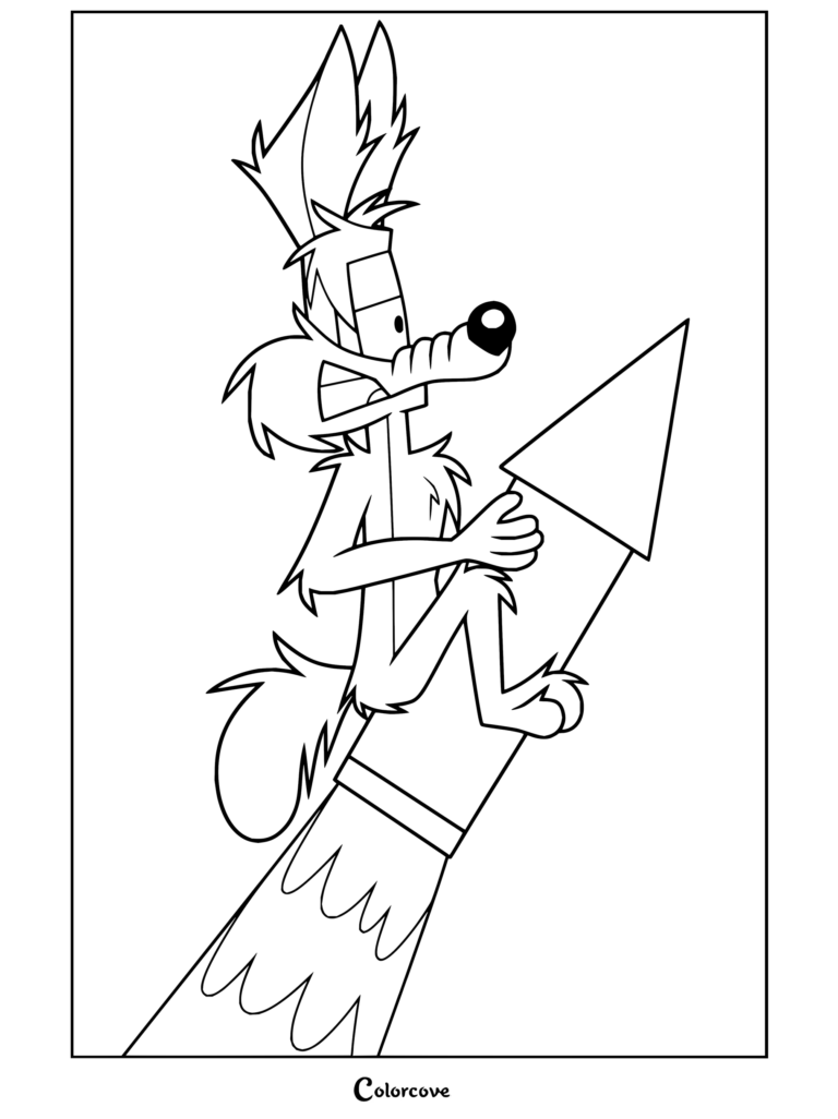 Dibujo para colorear imprimible gratuito de Coyote montando un cohete de los dibujos animados de ACME.