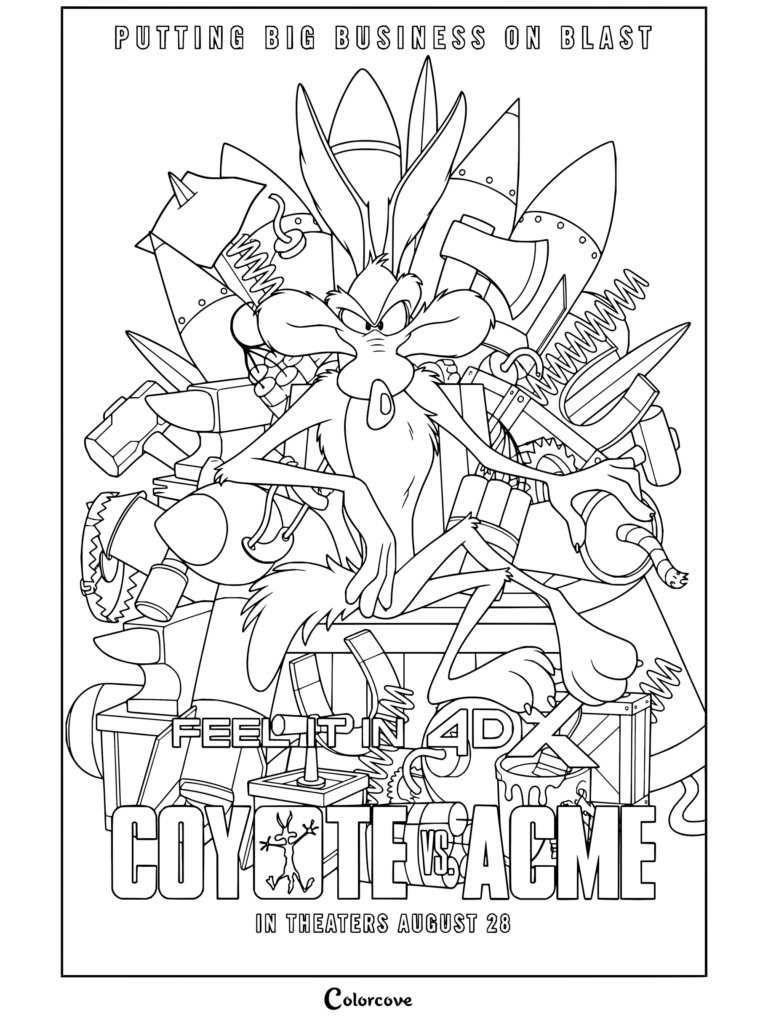 Un detallado dibujo para colorear de Coyote sentado en un trono hecho de armas ACME y dinamita.