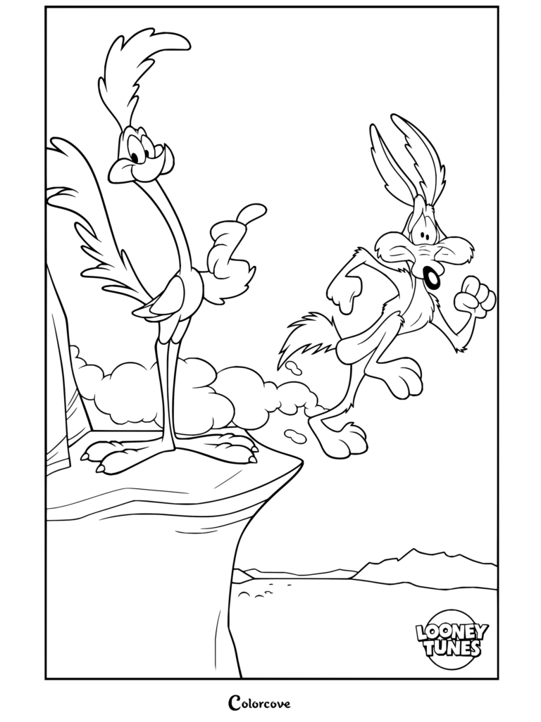 El Correcaminos parado al borde de un acantilado mientras Coyote cae, un divertido dibujo para colorear de Coyote.