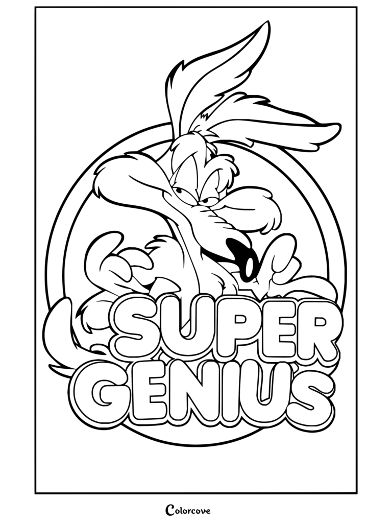 Dibujo para colorear con emblema de Súper Genio y Coyote sonriendo, que representa al astuto personaje dentro de una insignia circular con texto en negrita.
