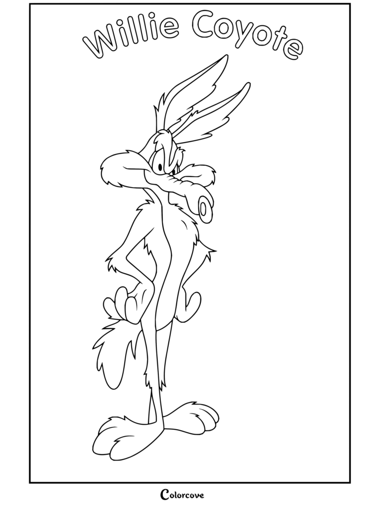 Dibujo para colorear imprimible de Coyote de pie con confianza y con las manos en las caderas.