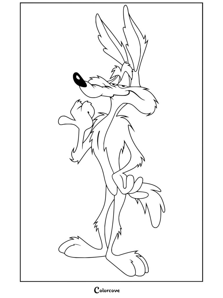 Dibujo para colorear imprimible de Coyote que muestra al personaje de pie, sonriendo con confianza y levantando el pulgar.