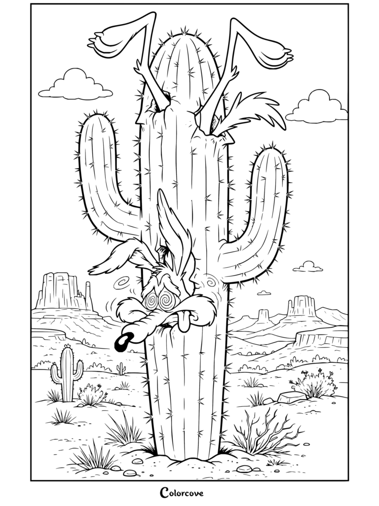 Dibujo para colorear de Coyote mostrando al personaje atrapado boca abajo dentro de un cactus saguaro en una escena del desierto.