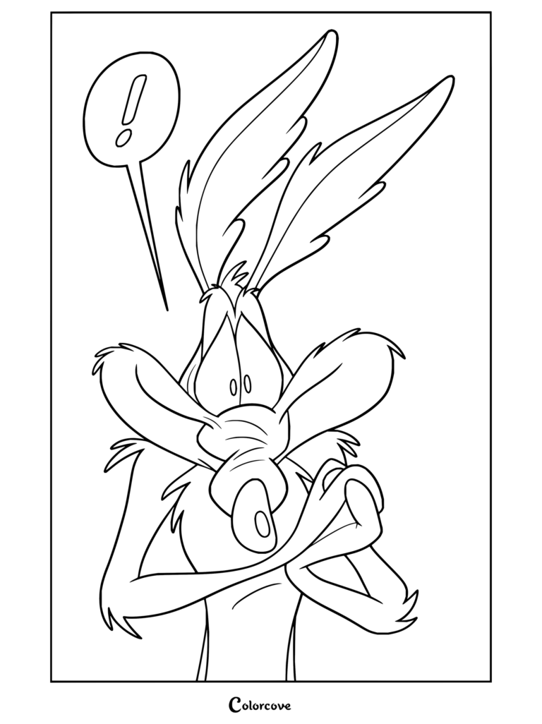 Dibujo para colorear imprimible de Coyote mostrando una expresión de sorpresa con un globo de exclamación.