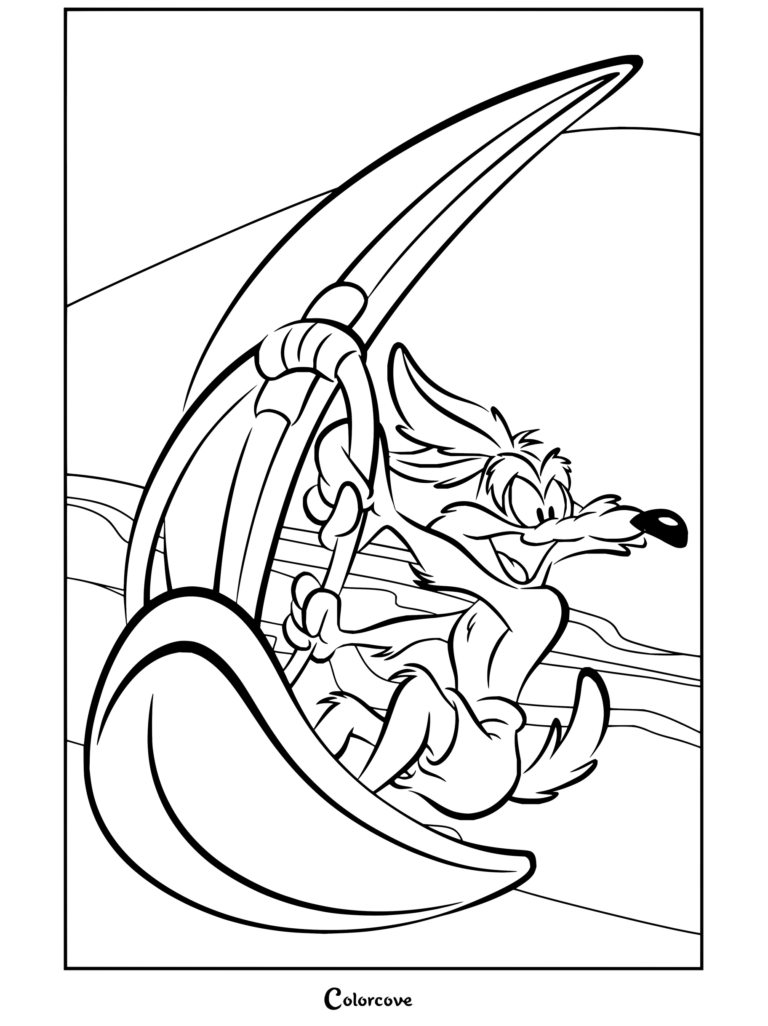Dibujo para colorear de Coyote haciendo windsurf en una tabla de surf con vela.