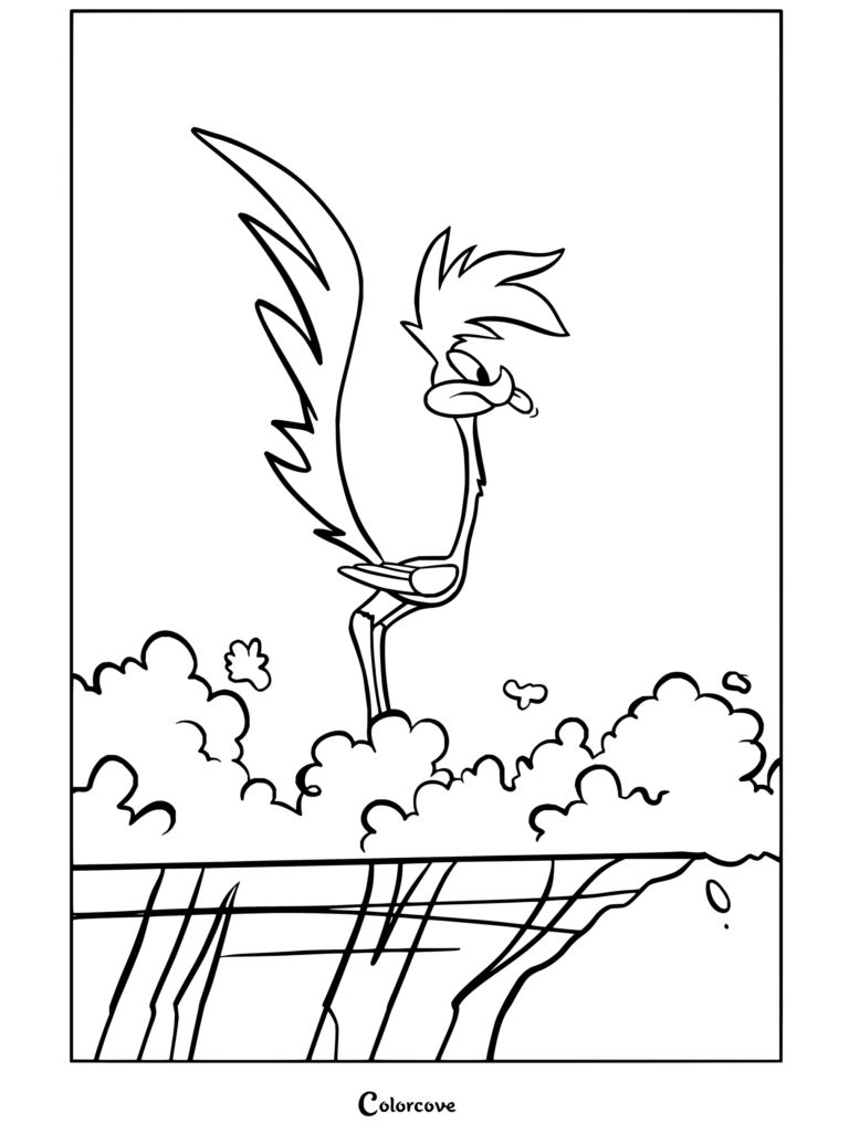 Dibujo para colorear imprimible gratuito de El Correcaminos con la veloz ave parada al borde de un acantilado con nubes.