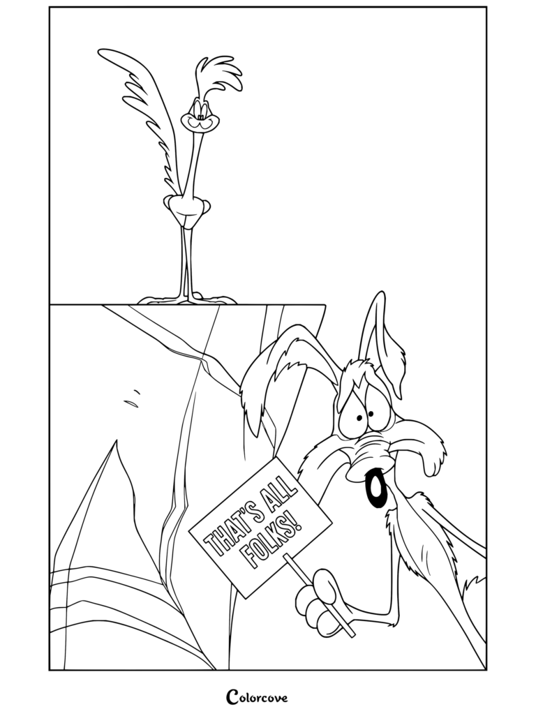 Dibujo para colorear de Coyote y El Correcaminos con Coyote sosteniendo un cartel de «¡Eso es todo, amigos!» en el borde de un acantilado mientras El Correcaminos mira.
