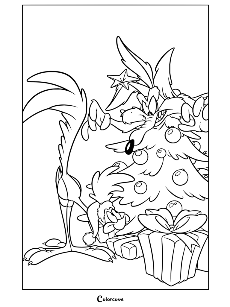Un dibujo para colorear imprimible de Coyote y El Correcaminos celebrando la Navidad con un árbol decorado y regalos.