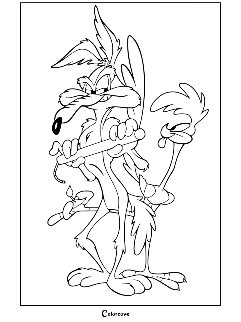 Dibujo para colorear de Coyote y El Correcaminos sosteniendo un cartucho de dinamita con los icónicos personajes de Looney Tunes.