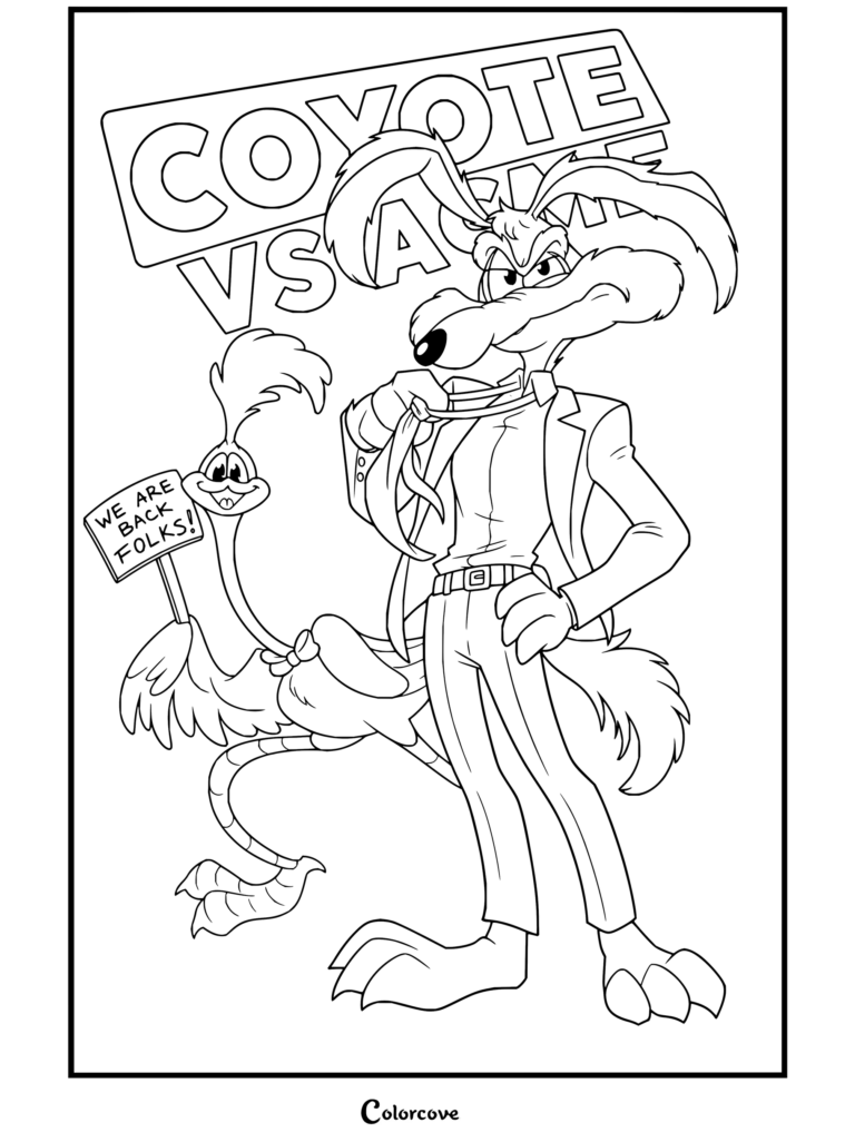 Dibujo para colorear de Coyote y El Correcaminos con trajes de Coyote vs. Acme.