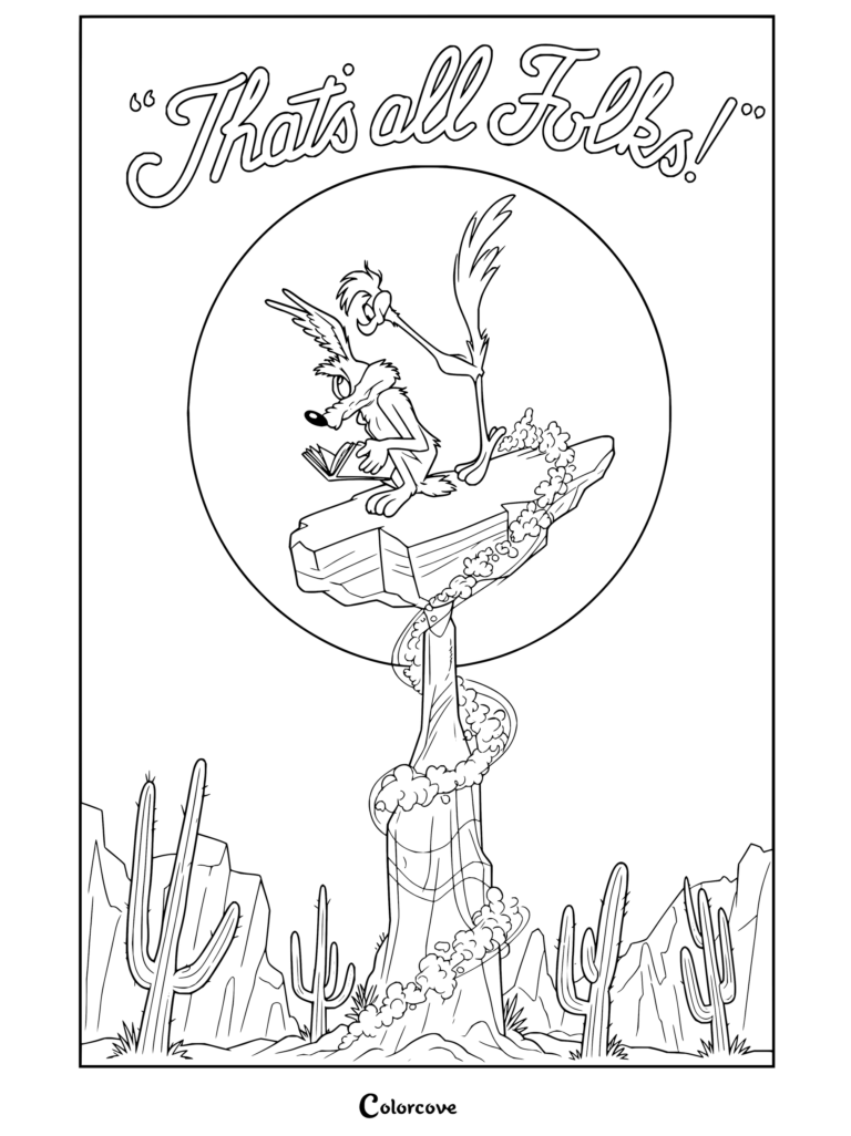 Dibujo para colorear de Coyote y El Correcaminos leyendo un libro en un acantilado bajo la luz de la luna.