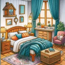 Cozy bedroom coloring page with plush chair, wooden bed, rug, and decor, perfect for relaxing coloring activities.