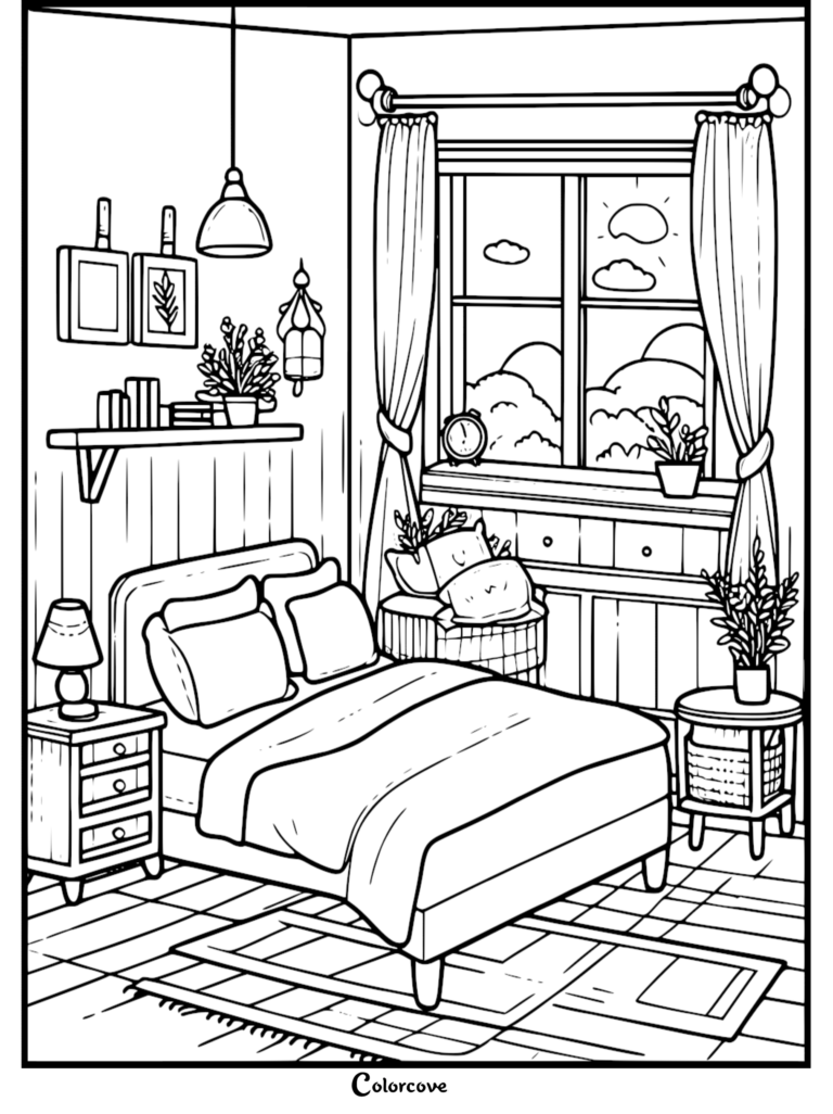 A detailed coloring page of a cozy bedroom featuring a made bed, bedside tables with lamps, a window with curtains, and wall shelves with plants.