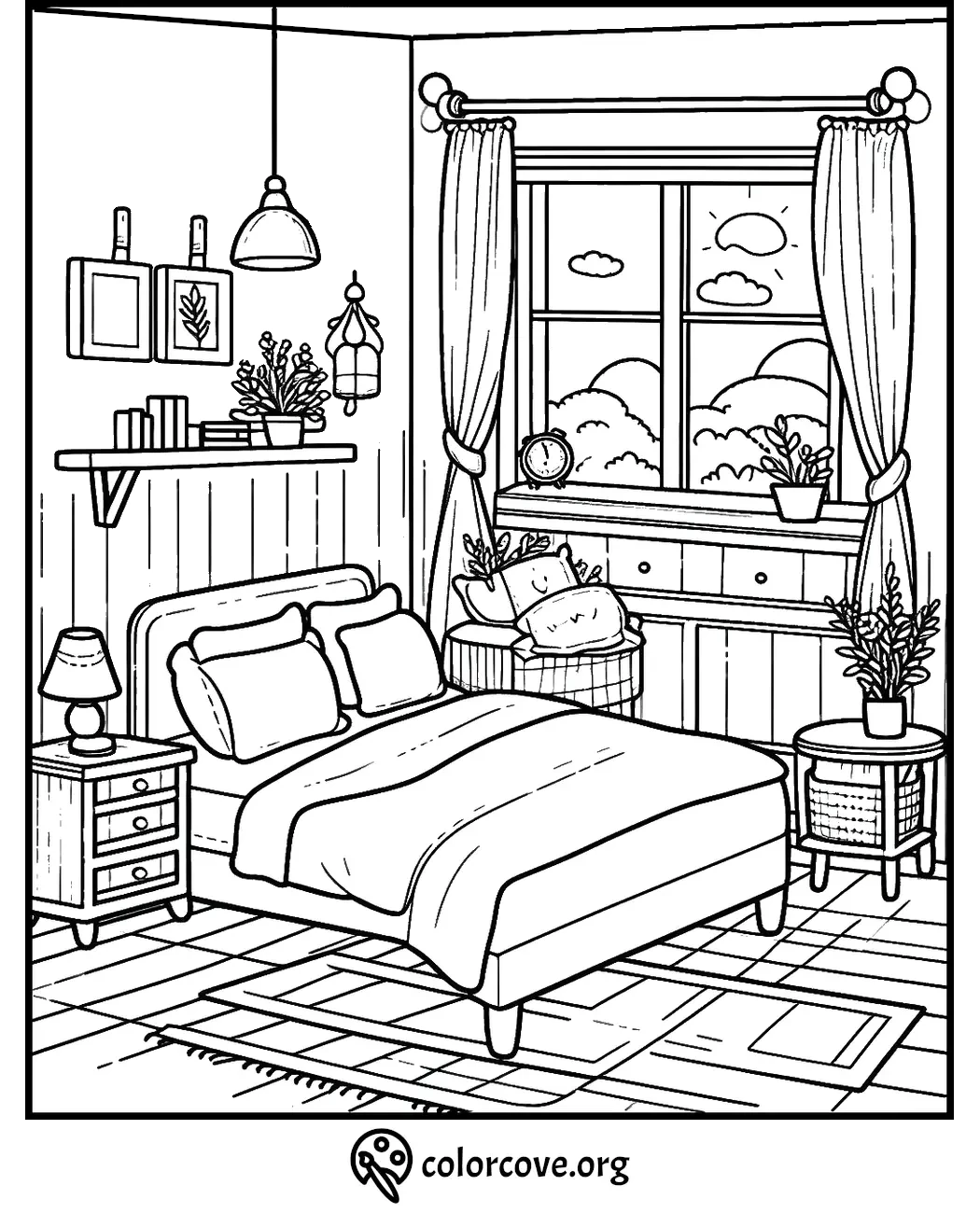 Cozy bedroom coloring page with bed, plants, and window view. Perfect for relaxation and creativity.