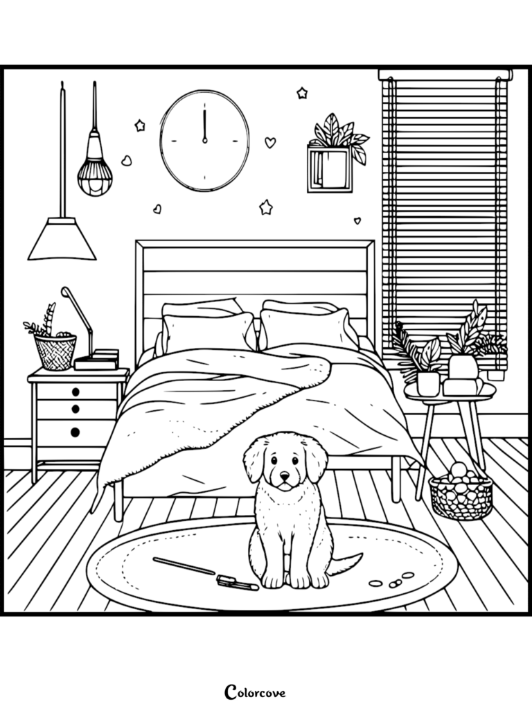 A line art coloring page of a cozy bedroom featuring a cute puppy sitting on a round rug in front of a bed with plants, a wall clock, and a basket of toys.