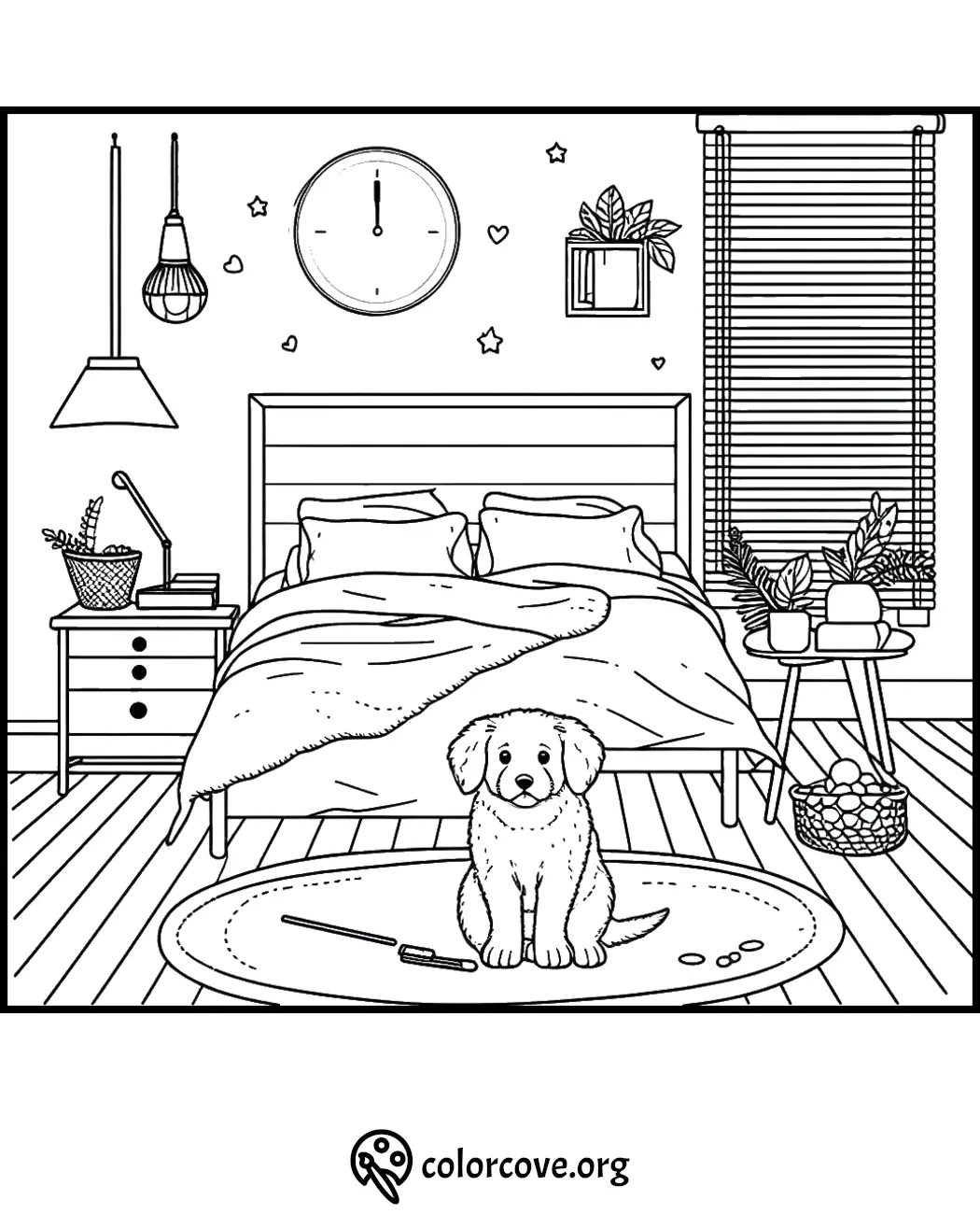 Cozy bedroom coloring page with a puppy on a rug, plants, and a clock on the wall. Perfect for relaxation and creativity.