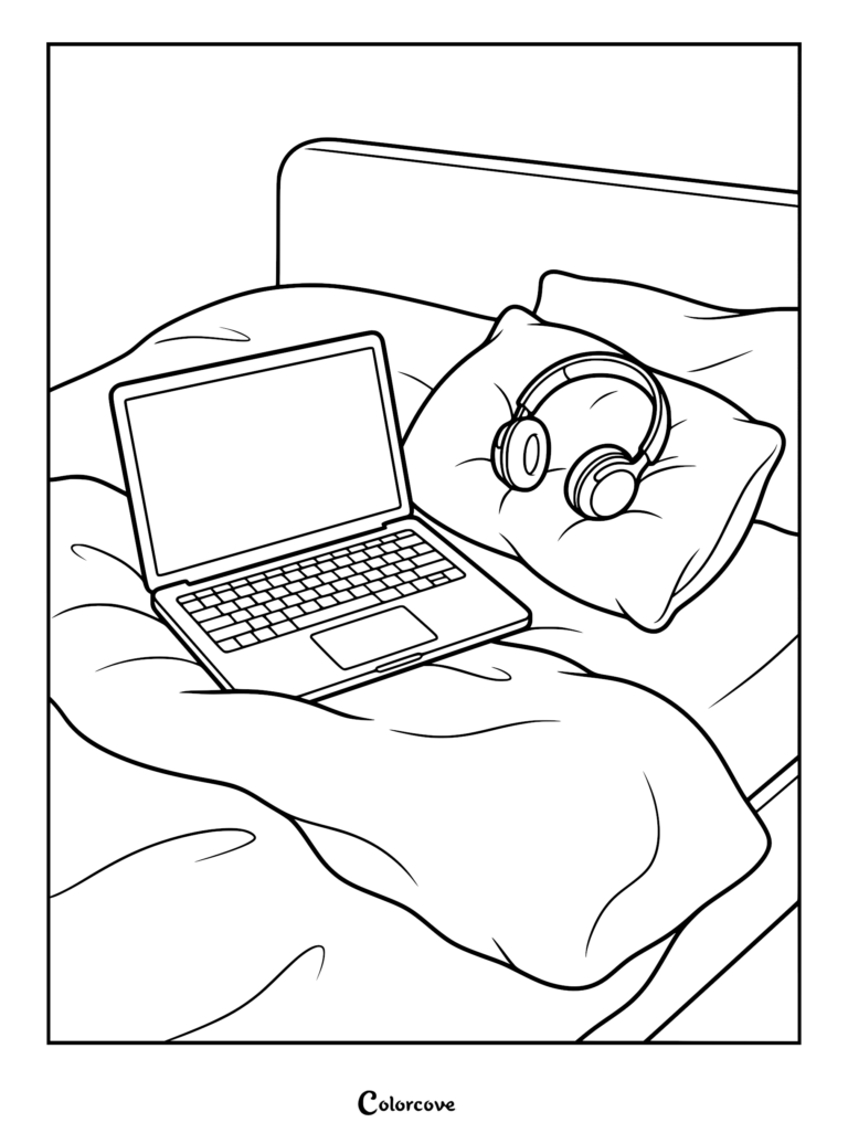 A line art coloring page featuring an open laptop and over-ear headphones resting on a fluffy bed pillow.