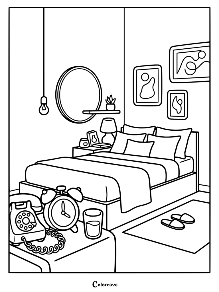 A cozy bedroom coloring page featuring a bed with pillows, a nightstand with a rotary phone and alarm clock, a round mirror, and wall art.